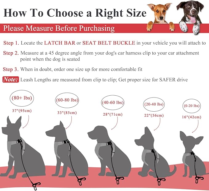 VIVAGLORY Dog Seat Belt Tuffbelt Dog Car Harness, Seatbelt with Clip & Hook for Car Travel, Chew Proof Anti Chew Unchewable Metal Safety Tether Restraint, XS, Red