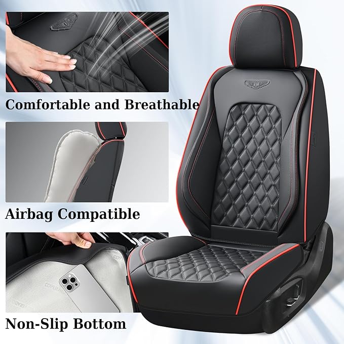 Coverado Front Seat Covers, Wear-Resistant Stain-Proof Cushions, Universal Fit for Most Vehicles, Waterproof Car Seat Protectors, Automotive Seat Covers-Red & Black Line Design
