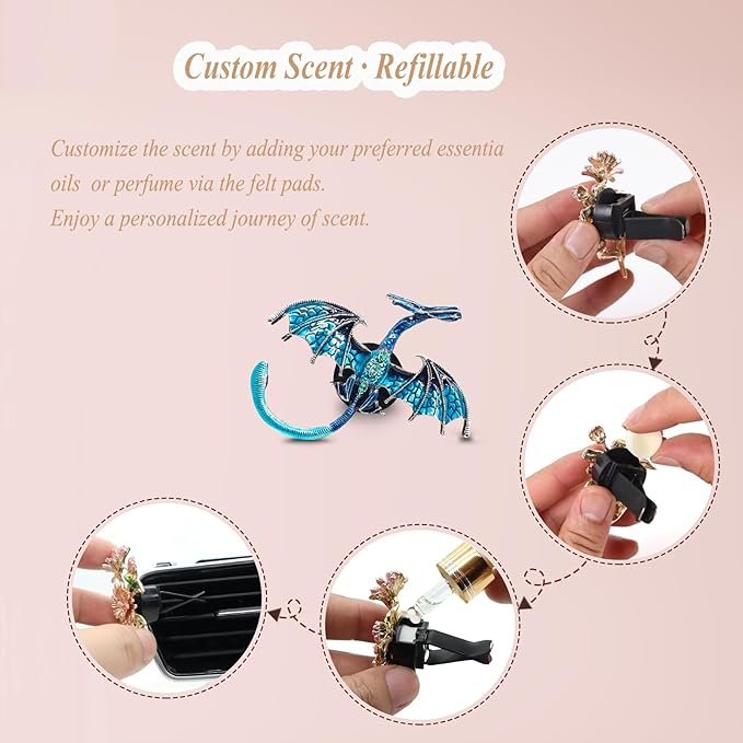 Dragon Car Decor,2pcs Toothless Dragon Car Air Freshener Vent Clips,Cute Blue Enamel Alloy Pterosaur Decoration Accessories for Women Teens,Refillable Diffuser
