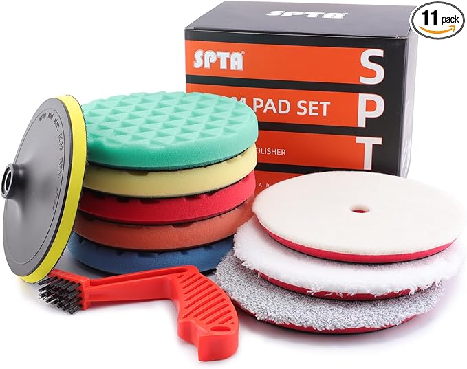 SPTA 10pcs Polishing Pads Kit, 7 Inches Large Size Buffing Pads, Car Foam Buffing Sponge Pads Kit with 5/8"-11 Backing Plate for Car Waxing Polishing