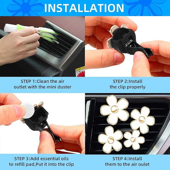 Daisy Air Vent Clip Flower Decoration - Air Conditioning Outlet Freshener for Car Interior - Colorful Accessories Set for Women (SCENTED-White)