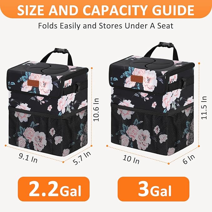 Car Trash Can for Car Cute,Bag Bin Hanging Waterproof Automotive Garbage Cans Leak Proof Vehicle Trash Can Black Floral