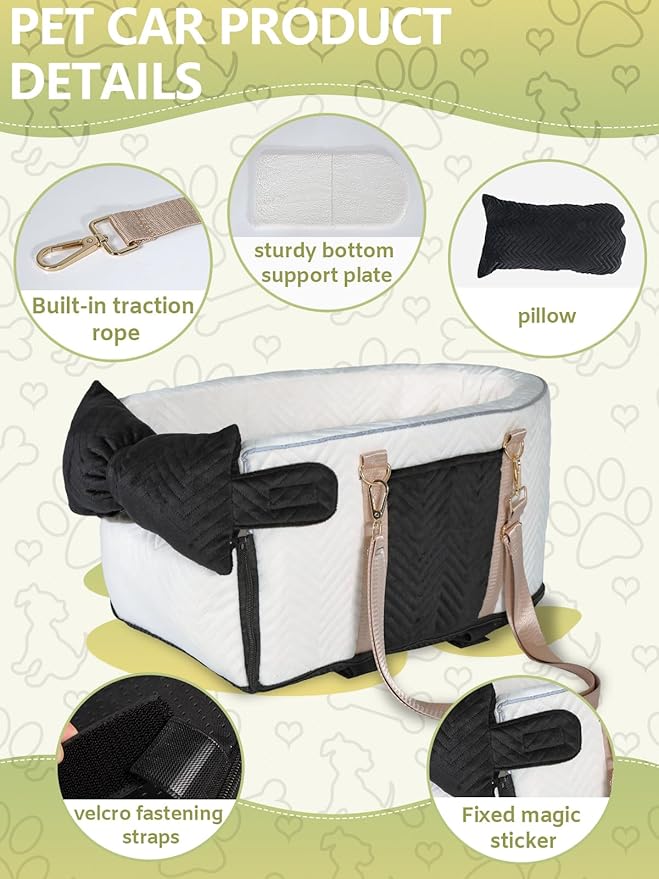 Small Dog Car Seat, Portable Dog Seat with Soft Washable Cushion,Center Console Dog Car Seat for Small Dogs Up to 13lbs(White)