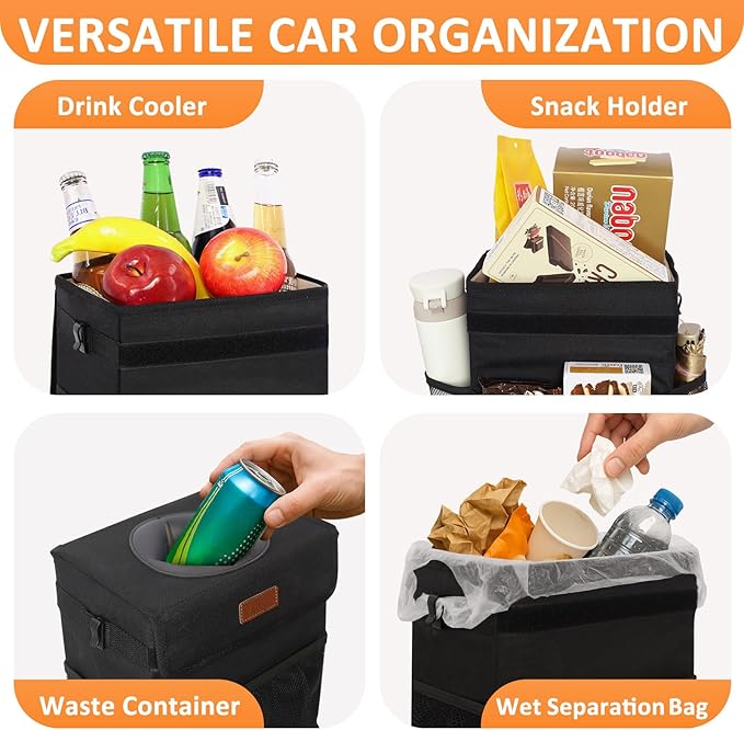 Car Trash Can Bin with Lid Hanging for Back Seat, Car Accessories for Women Men Leak Proof Automotive Garbage Cans Leakproof Vehicle Trash Can for Truck SUV Black