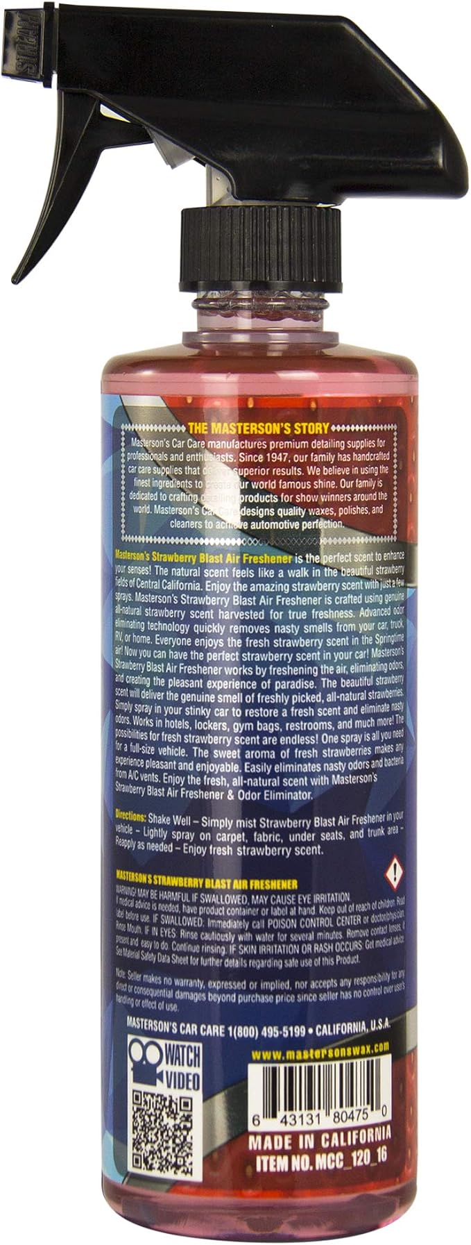 Masterson's Car Care MCC_120_16 Strawberry Blast Air Freshener - Premium Sprayable Scent For Cars, Trucks, RVs, Restroom Hotels, Home, and Office - Removed Pet, Smoke, Food Odors (16 oz)