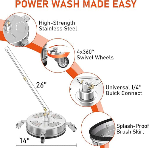14" Pressure Washer Surface Cleaner with 4 Wheels, 4000 PSI Max Stainless Steel Surface Cleaner for Pressure Washer, 2 Extension Wands, 1/4" Quick Plug, for Concrete, Patio, Sidewalk, Deck