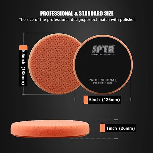 SPTA T40 Orange Medium-Cut Polishing Pads, 1Pc 5.5 Inch Face for 5 Inch 125mm Backing Plate Compound Buffing Sponge Pads for Car Buffer Polisher Compounding, Polishing and Waxing -FPTSS5O