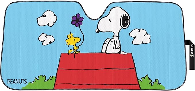 Peanuts Snoopy & Woodstock Auto Sunshade with Little Tree Air Freshener – Universal Fit Windshield Protector for Cars, Trucks & SUVs – Keeps Vehicle Cool & Fresh