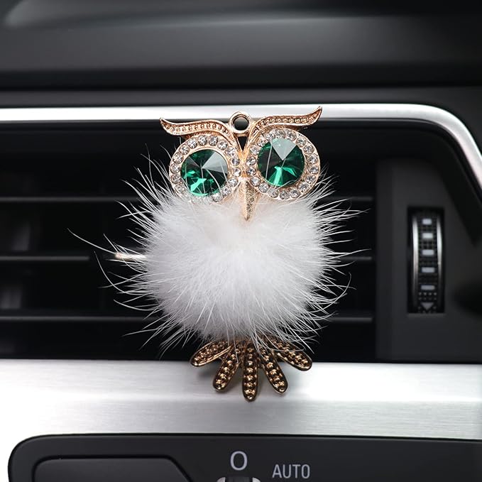 HungMieh 1PCS Bling Car Accessories for Women, Rhinestone Car Décor Interior, Car Charm Air Vent Clip with Pads for Fragrance (Owl White)
