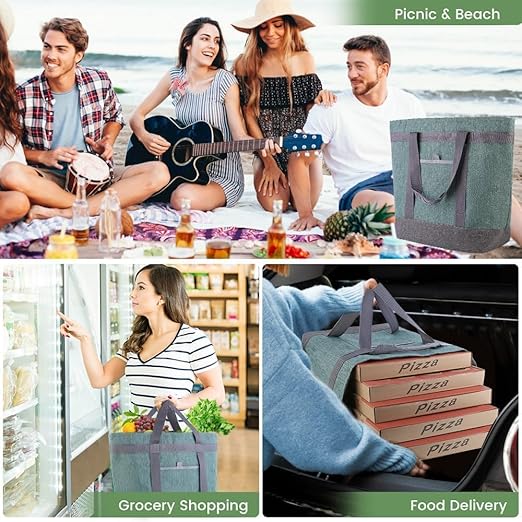 CIVJET Insulated Reusable Tote Bag for Grocery Shopping for Women/Men, Waterproof Cooler Bags for Travel/Beach/Picnic, Pizza/Food Delivery Bag to Keep Food Cold/Hot (Cationic Cloth, Green，2-Pack)