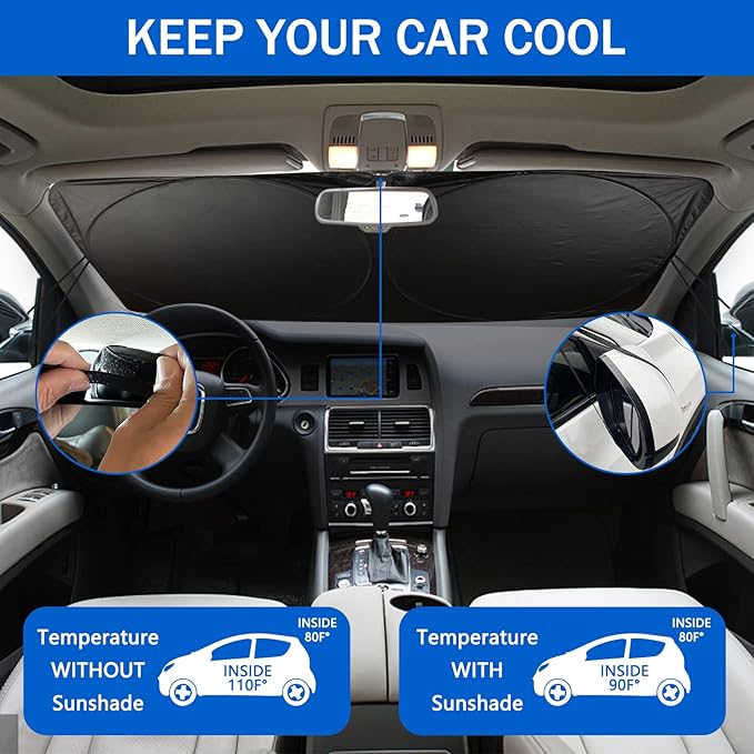 Car Windshield Sun Shade, Funny Eyes Sun Visor for Car Windshield, Wear-Resistant Black Tape, Foldable 59‘’x27.5‘’/63''x31.5''