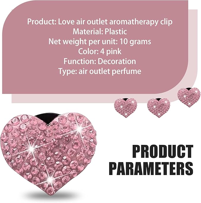 4PCS Bling Heart Air Vent Clips, Car Air Fresheners Vents Clips, Crystal Rhinestone Air Conditioning Outlet Clip, Cute Car Accessories for Women (Pink)