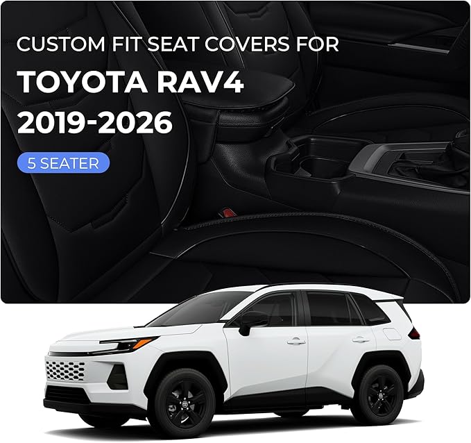 1:1 Custom Car Seat Covers Fit for Toyota RAV4 2019 2020 2021 2022 2023 2024 2025 2026 LE/XLE/XLE Premium/Limited (NOT for Hybrid) Full Set Faux Leather Waterproof Seat Protectors(5-Seater, Black)