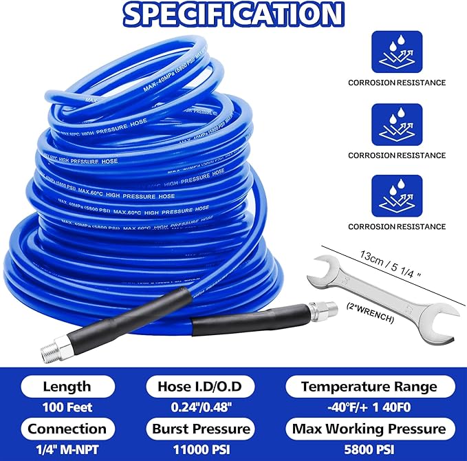 West Bay Sewer Jetter Kit 100 FT for Pressure Washer, 5800 PSI Drain Cleaner Hose 1/4 Inch NPT Corner Rotating and Button Nose Sewer Jetting Nozzle Spanner WatertightTape Pearl Corsage Pin(Blue)