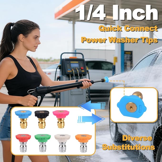 Pressure Washer Tips, Set of 7 Pressure Washer Nozzle Tips with Nozzle Holder, 1/4 Inch Quick Connect Power Washer Tips, 4000 PSI, Multiple Degrees Rinse Kit, Pressure Washer Accessories