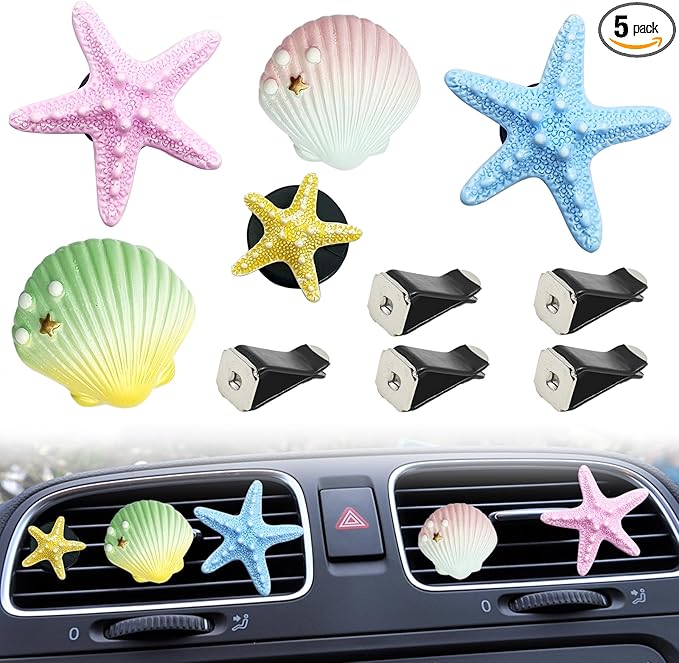 5PCS Seashell and Starfish Car Air Vent Clips, Colorful Ocean Series Car Air Freshener Diffuser, Beach Theme Car Interior Decoration Accessories (No Aromatherapy Tablets)