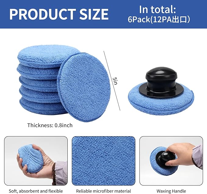 Microfiber Wax applicator pad,car Wax applicator pad with Waxing Handle, Foam applicator Pads for car Detail,Buffing Polishing Foam Pads for Car Cleaning and Fine Polishing (5 inch, 12 Pack)
