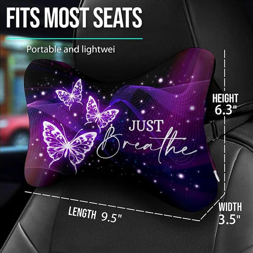 2 Pack Car Neck Pillow，Purple Butterfly Car Headrest Pillow，Ergonomic Design，Memory Foam Car Pillow，Breathable Removable Cover Universal Headrest Pillow for Travel Car Seat Driving & Home