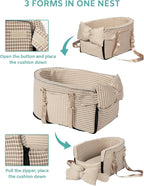 Dog Car Seat for Small Dogs,Center Console Seat for Puppy,Anti-Collapse Pet Car Seat with Soft Cushion Safety Belt, Portable Car Armrest Seat for Dog & Cat Under 15 lbs (Grid-Brown)