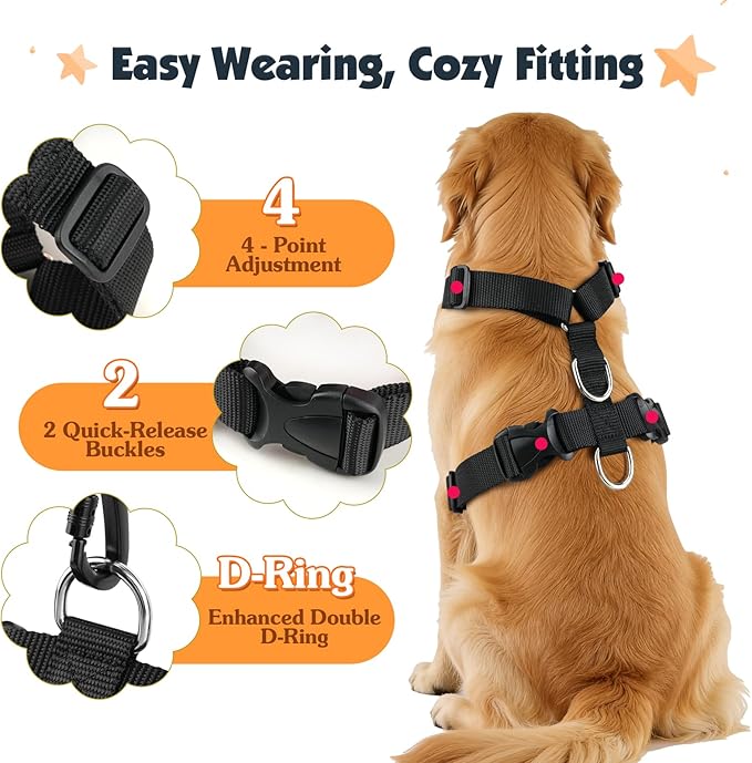 Pawaboo Dog Seat Belt Harness for Car, Dog Car Harness Seatbelt with Double Clips, Adjustable Breathable Pet Vest & Dogs Safety Tether with Elastic Bungee for Small Medium Large Pet, S, Orange/Black