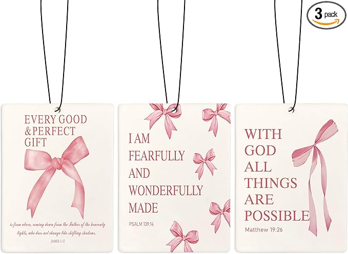 Coquette Pink Bow Christian Car Air Freshener Accessories for Women, Cute Girly Religious Air Freshener Hanging 3 Pcs for Cars Closet Drawer or Books, Preppy Christian Car Mirror Decor for Women