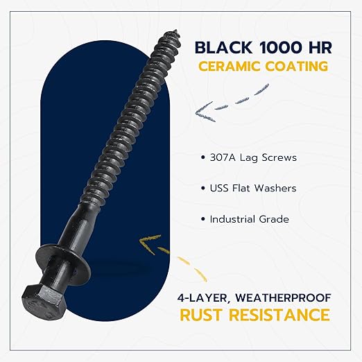 5/16 x 5 (50 Pack) Lag Screw Kit, 50 Screws and 50 Washers, Ceramic Black Ruspert Coating for Exterior Use, Meets ASTM A307 and ASME B18.2.1, Industrial/Commerical Grade by Makers Bolt