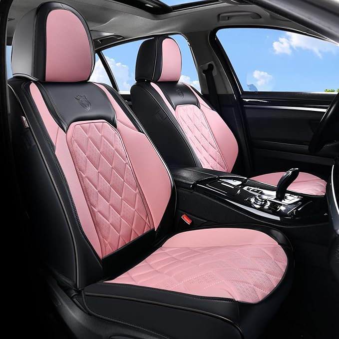 Coverado Leather Seat Covers, Car Seat Covers Full Set, Waterproof Faux Leather Pink & Black Seat Covers, Car Seat Protectors 5 Seats, Automotive Seat Covers Universal Fit for Most Cars SUV Trucks