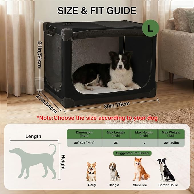 30" L x 21" W x 21" H Collapsible Travel Dog Crate, Portable Soft Dog Kennel for Medium Dogs up to 45 lbs, 4-Door Foldable Travel Crate with Durable Mesh & Storage Bag, Black