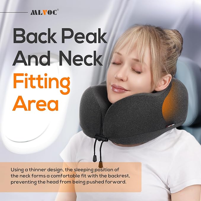 MLVOC Neck Pillow for Traveling, Upgraded 100% Pure Memory Foam Travel Neck Pillow for Airplane Flight Sleep, Breathable & Machine Washable Cover, Travel Kit with 3D Eye Mask, Earplugs & Bag, Black