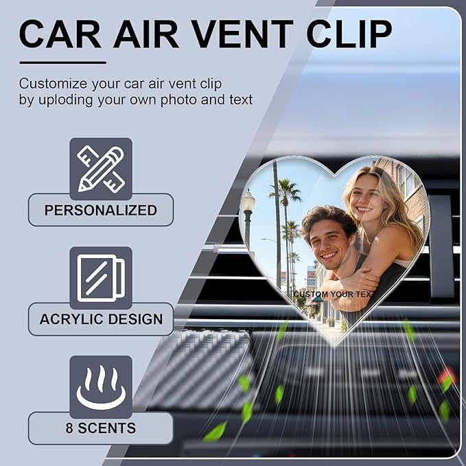 Personalized Car Air Vent Clip, Custom Photo Car Air Freshener Vent Clip with 8 Scents, Decorative Car Accessories Interior, Unique Gift for Couples, Friends & Family (Heart shape)