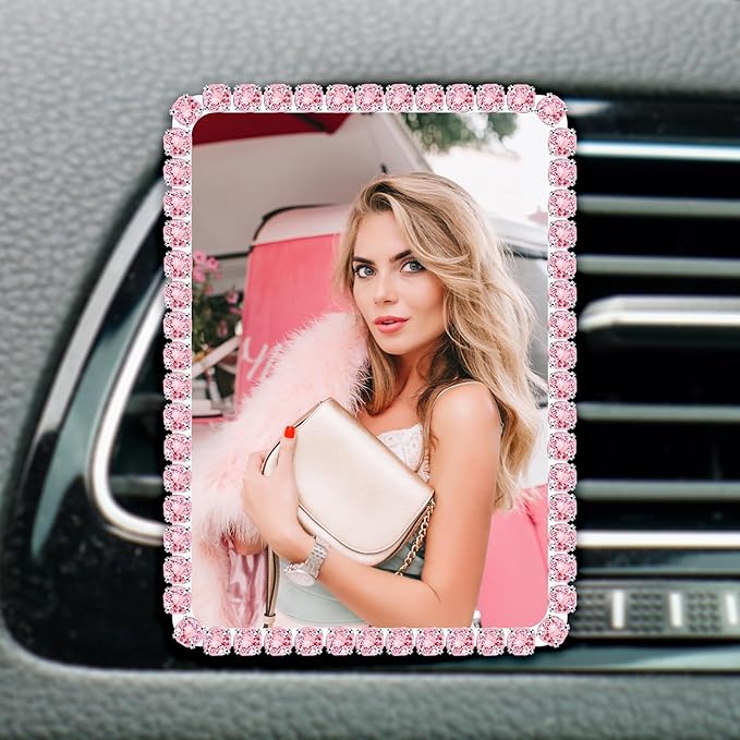 Custom Rhinestone Car Vent Clip Air Freshener with Photo – Personalized Acrylic Picture Frame for Car Interior Decoration Accessories, Rectangular Shape (Pink, One Size)