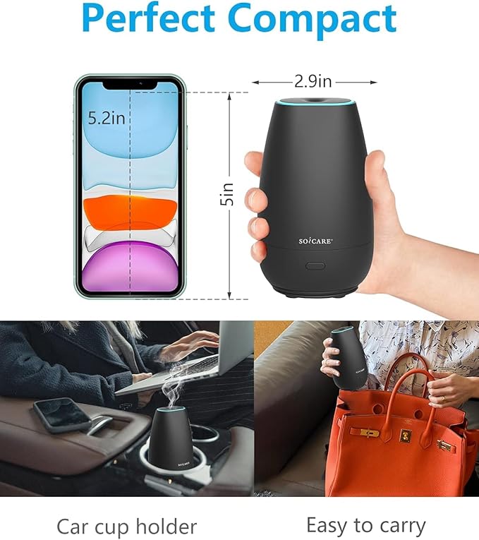 SOICARE Car Diffuser for Essential Oils, Small Portable Car Essential Oil Diffuser with Built-in USB Cable, Mini Aromatherapy Air Scent Humidifier Diffuser for Travel/Office/Home (Elegant Black)