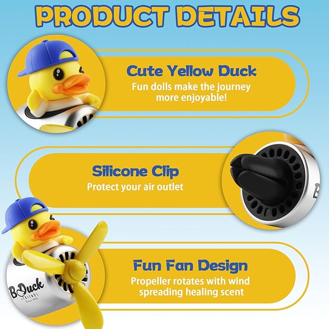 Car Air Freshener Yellow Duck Pilot Car Diffuser Rotating Propeller Automotive Auto Vehicle Air Outlet Fan Creative Car Perfume Fragrance Decoration Comes with 4 Fragrant Tablets