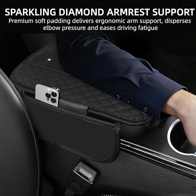 NBTEPEM Bling Crown Car Center Console Armrest Cover, Leather Middle Console Cover Cushion with 2 Storage Bags, Car Armrest Storage Box Interior Accessories for Most Vehicles(Black)