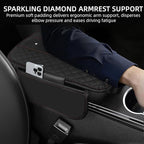 NBTEPEM Bling Crown Car Center Console Armrest Cover, Leather Middle Console Cover Cushion with 2 Storage Bags, Car Armrest Storage Box Interior Accessories for Most Vehicles(Black)