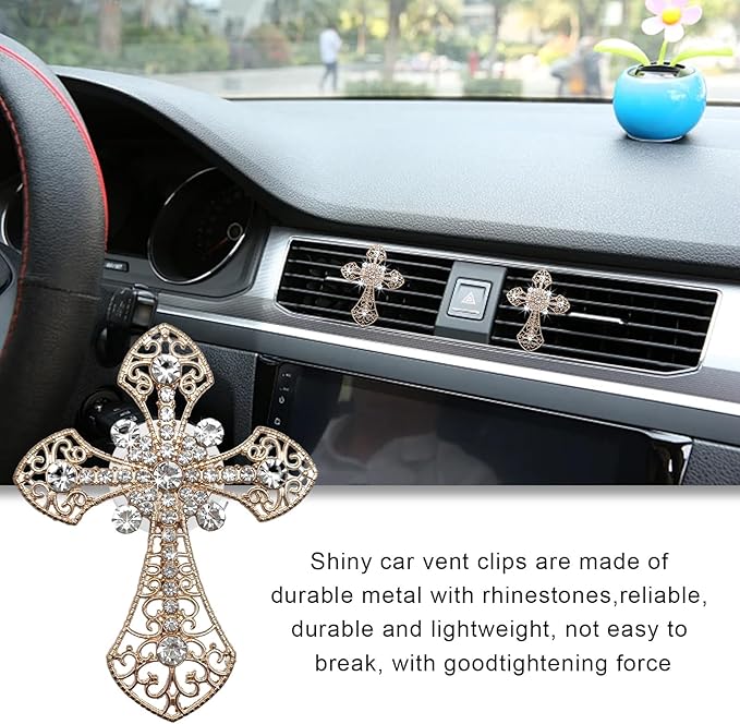 2PCS Bling Car Air Vent Clip, Crystal Cross Air Conditioner Outlet Air Fresheners Vent Clips, Sparkly Bedazzled Decor Rhinestone Cross Diffuser Clip, Interior Car Accessories (Golden)
