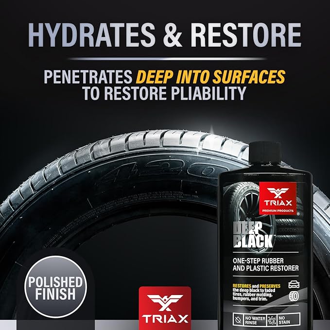 Triax Deep Black Tire, Trim, and Bumper Restore and Conditioner | One-Step Rubber Protectant with UV Shield | Polymer Based | No Water Rinse (12 Ounce)