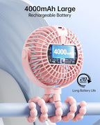 SWEETFULL Portable Stroller Fan with LED Display, 4 Speed Rechargeable Mini Clip On Fan, 360° Rotate Flexible Tripod Better Cooling Small Baby Fan for Car Seat Crib Travel Bike Treadmill (Pink)