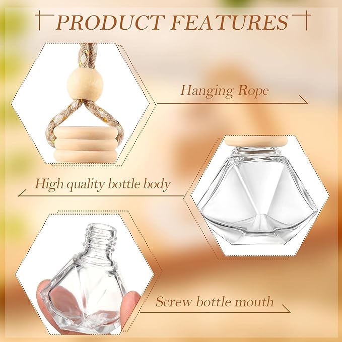 Rtteri 100 Pcs Hanging Car Air Freshener Diffuser Bottles Empty Glass Perfume Diffuser Vials Refillable Oil Aromatherapy Pendant with Wooden Caps and Hanging String for Car Home Office Decor(Diamond)