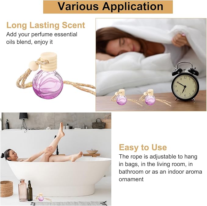 uxcell 8pcs Hanging Car Air Freshener Perfume Bottle, 10ml Pendant Empty Clear/Purple Glass Essential Oil Aromatherapy Diffuser with Wooden Cap for Car Decor (Clear/Purple, Round)