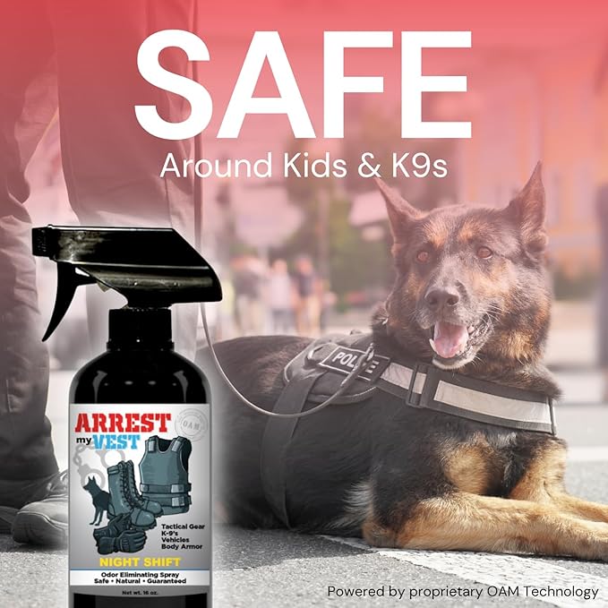 Arrest My Vest Military Grade Odor Eliminating Spray for Body Armor, Tactical Gear, and K9 Equipment. Safe on All Ballistic Vests, Fabrics, & Police Gear - Night Shift Fragrance - 1 Gallon Bottle