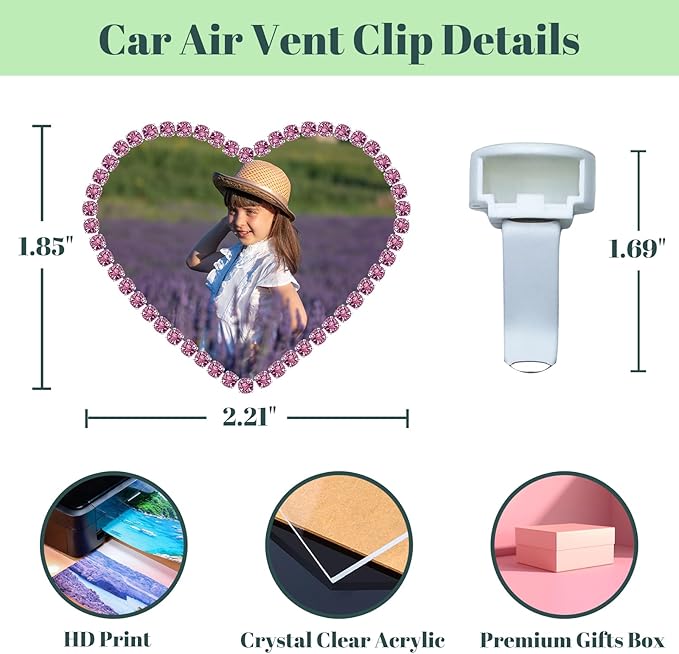 Personalized Car Air Freshener with Photo – Custom Rhinestone Vent Clip & Heart-Shaped Acrylic Picture Frame for Car Interior Decoration Accessories (Purple, One Size)