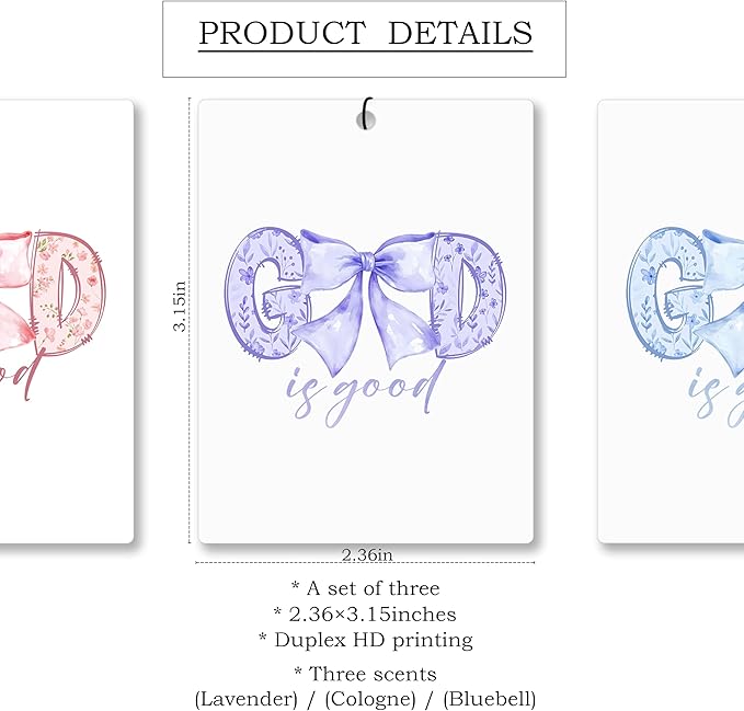 Mancheng-zi God Is Good Coquette Christian Car Air Freshener 3Pcs, Cute Preppy Girly Bow Religious Air Freshener Hanging for Cars Closet Drawer or Books, Blue Purple Pink Car Accessories Mirror Decor