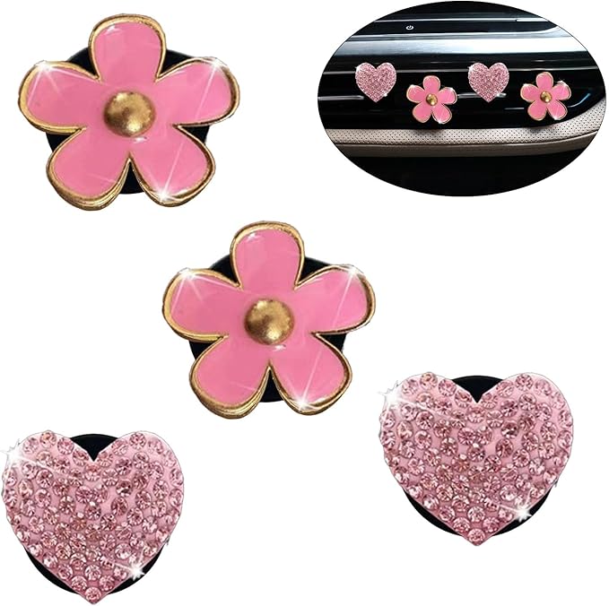 4PCS Car Air Vent Clips with Fragrance Pads, Cute Flower Car Air Fresheners Vents Clips Diamond Vent Clip Auto Interior Decor Charm Bling Auto Accessories Decoration for Women (Pink)