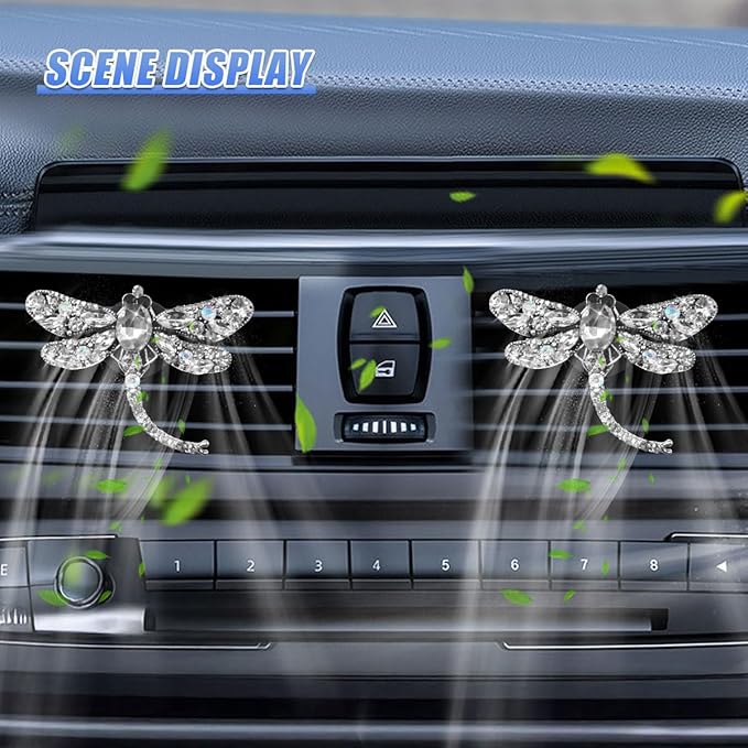2PCS Bling Dragonfly Car Air Vent Clips, Crystal Rhinestone Car Air Conditioning Outlet Clip, Universal Cute Vehicle Interior Diffuser Decoration Accessories for Women(White)