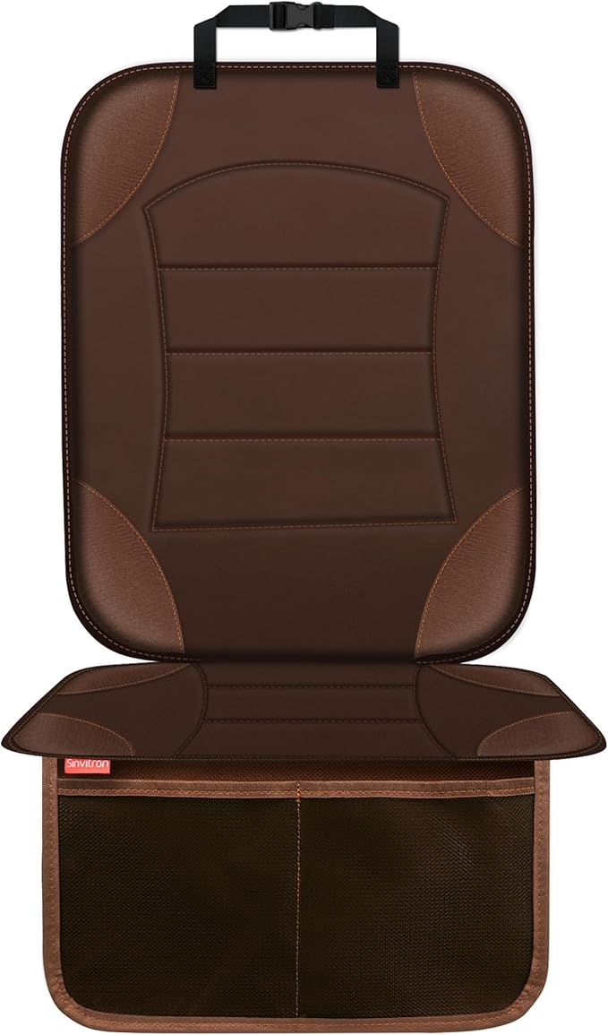 Sinvitron Car Seat Protector for Child Car Seat, Waterproof Car Seat Cover for Leather and Fabric Seats, 2 Mesh Pockets, Non-Slip Bottom, Thick Padding Cushion(1 Pack, Brown)