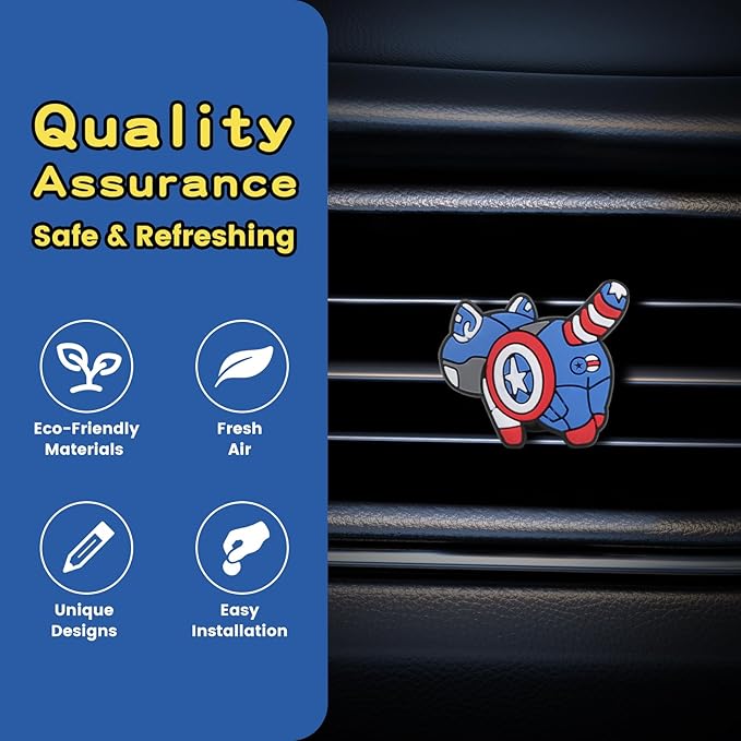Air Vent Decoration - Cute Super Kitty Hero Decorative Vent Clip for Cars, Bedroom or Office [Captain America]