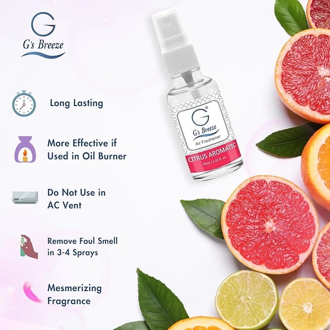 G's Breeze Citrus Aromatic Air Freshener - Energize and Cheerful Essence - Fruity Scent of Sun-Kissed Citrus Fruits for Clean, Vibrant & Inviting Atmosphere - Zesty Aroma for Home, Car or Office