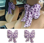 2PCS Cute Bow Car Headrest Pillow, Soft Breathable Leopard Plush Car Neck Support Pillow, Comfortable Warm Ergonomic Auto Interior Head Rest Cushion for Women, Girl (Purple)