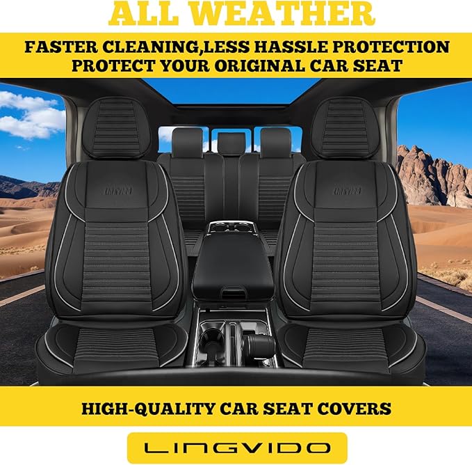 LINGVIDO Front Car Seat Covers, Faux Nappa Leather, Airbag Compatible and Waterproof Protectors for Sedans SUVs, Breathable Anti-Slip Interior for Commuters and Rideshare, Black/Gray